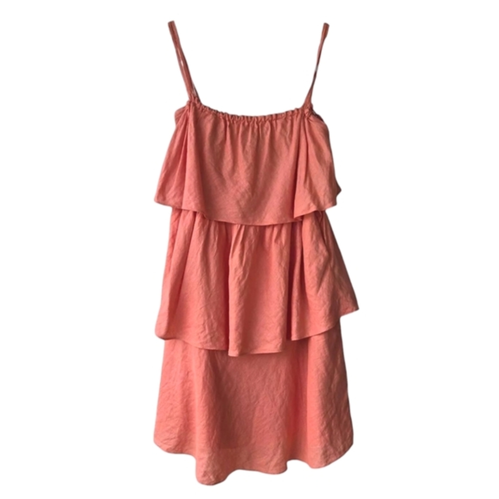 J. Crew Coral Orange Linen Ruffle Tiered Sun Dress w/Spaghetti Straps | Size 6 - Picture 4 of 9